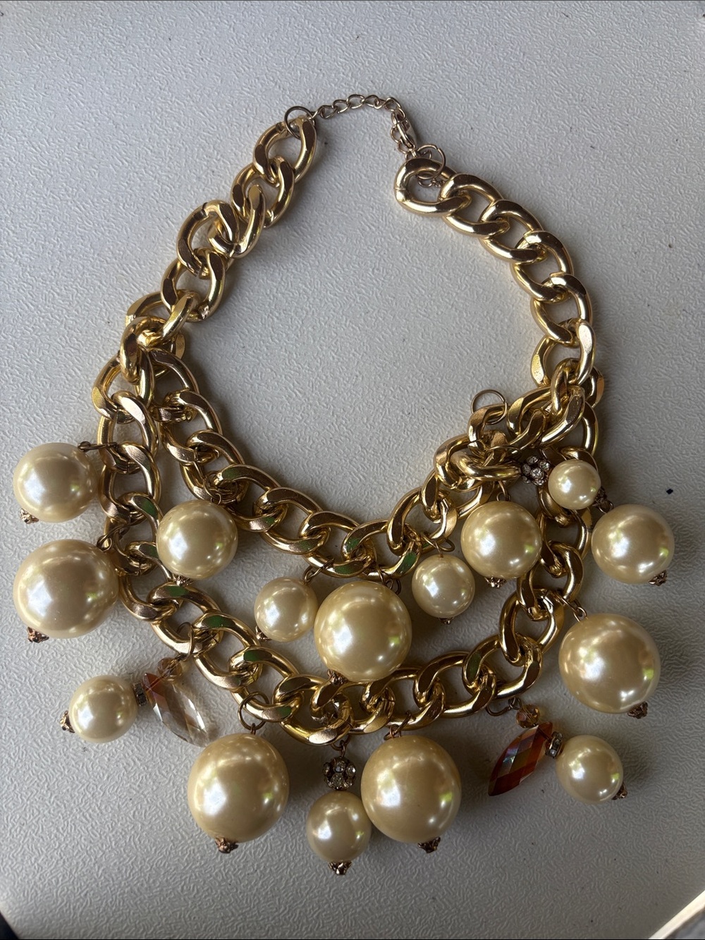 Gold-Tone Pearl Charm Statement Necklace - Elegant Ivory Pearls
